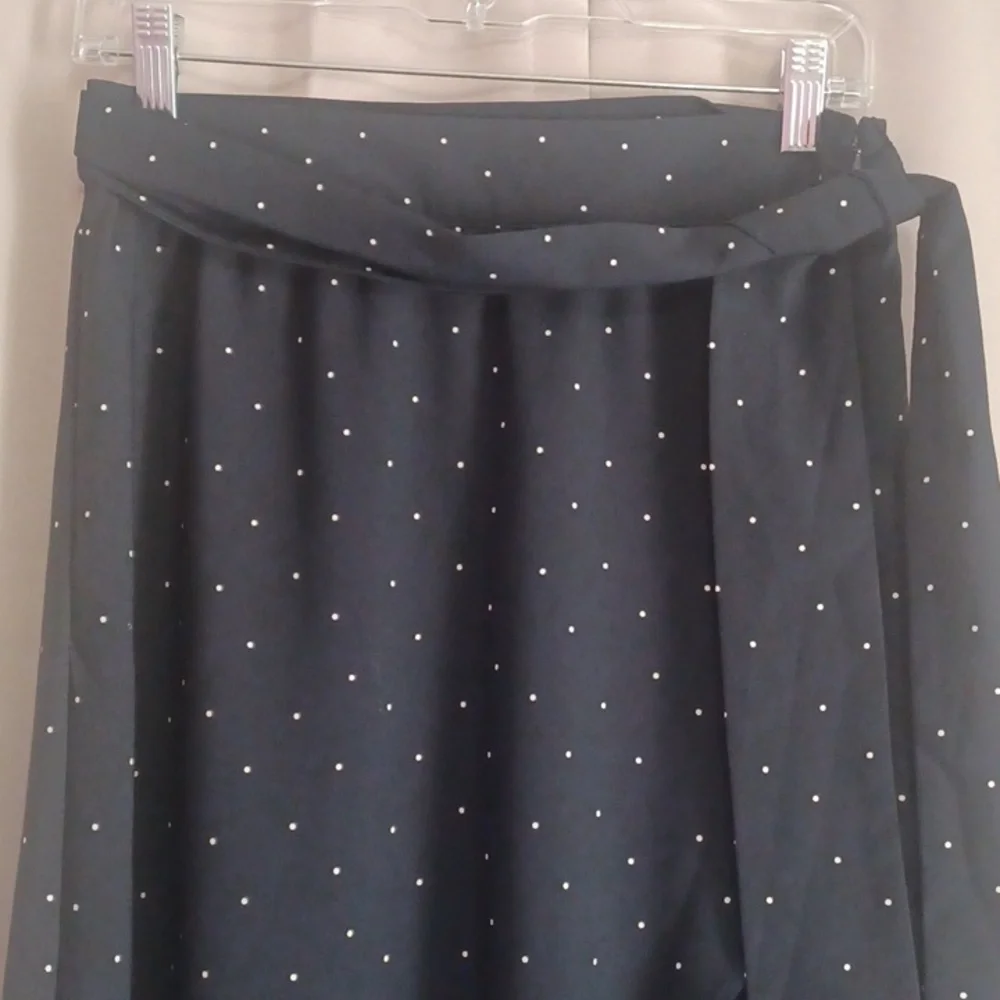Loft Navy And White Polka Dot Faux Wrap Midi Skirt Removeable Fabric Belt Petite